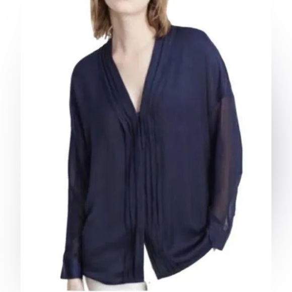 Vince Tops - Vince Navy Satin V-Neck Pleated Front Blouse